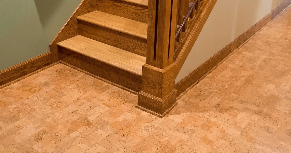 End of a staircase with cork flooring in Akron, OH