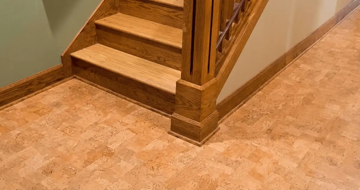 End of a staircase with cork flooring in Akron, OH