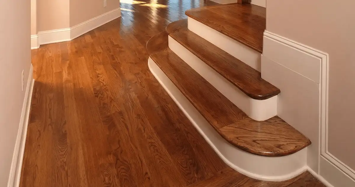 Base floor of a staircase with professionally restored wood flooring in Akron OH