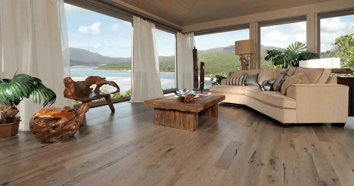 Professionally installed vinyl flooring in a modern living room with large windows in Akron, OH